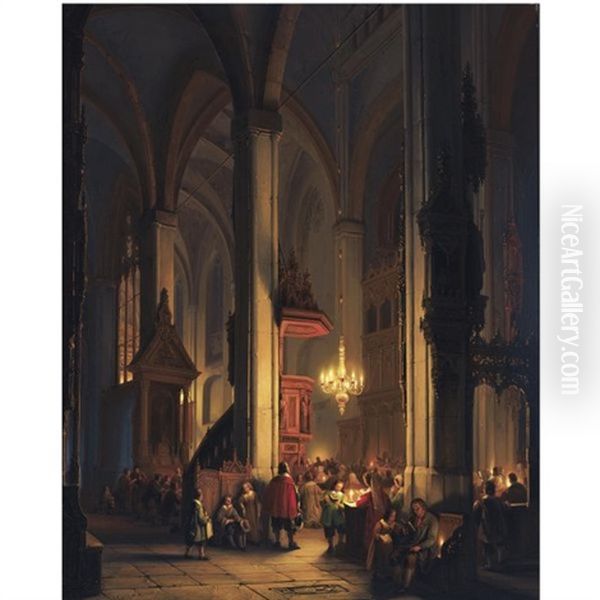 Evening Service In A Gothic Church Oil Painting by George Gillis van Haanen