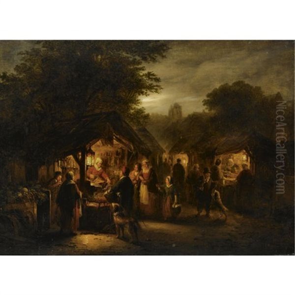 A Candle Lit Market Oil Painting by George Gillis van Haanen