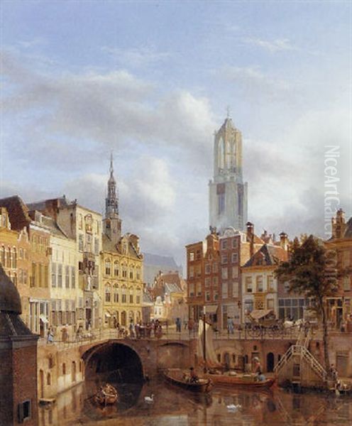 The Oudegracht With A View Of The Old Town Hall And The Dom Tower Beyond, Utrecht Oil Painting by George Gillis van Haanen