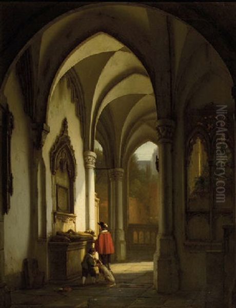 Figures At A Tomb In A Cloister Oil Painting by George Gillis van Haanen