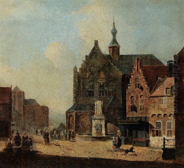 Figures In A Town Centre With A Church Oil Painting by George Gillis van Haanen