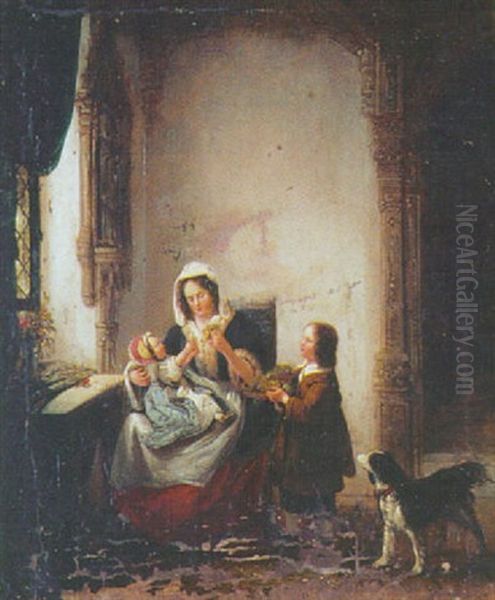 A Mother Holding A Baby Beneath A Gothic Carving Of The Madonna Oil Painting by George Gillis van Haanen