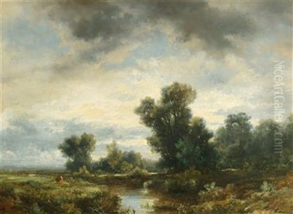 A River Landscape With Staffage Oil Painting by Remigius Adrianus van Haanen