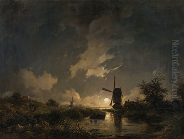 Hollandischer Kanal Im Mondlicht Oil Painting by Remigius Adrianus van Haanen