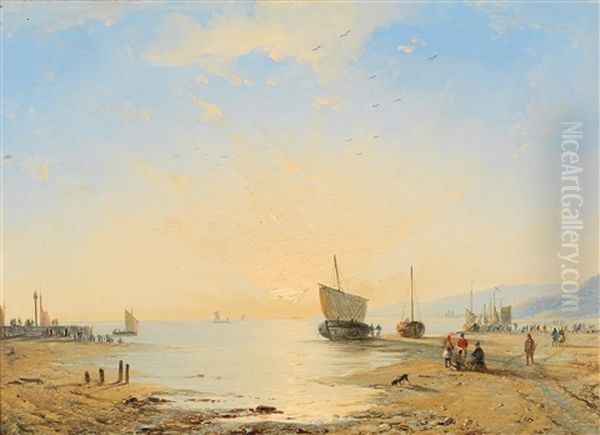 Fishermen On The Beach In The Evening Light Oil Painting by Remigius Adrianus van Haanen