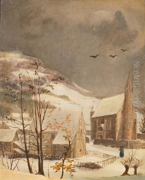 Verschneite Dorflandschaft Mit Blick Auf Eine Kirche Oil Painting by Remigius Adrianus van Haanen