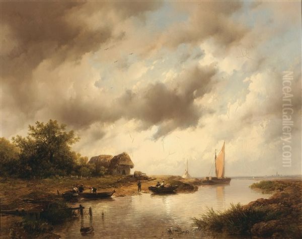 Fishermen Along The Canal Oil Painting by Remigius Adrianus van Haanen