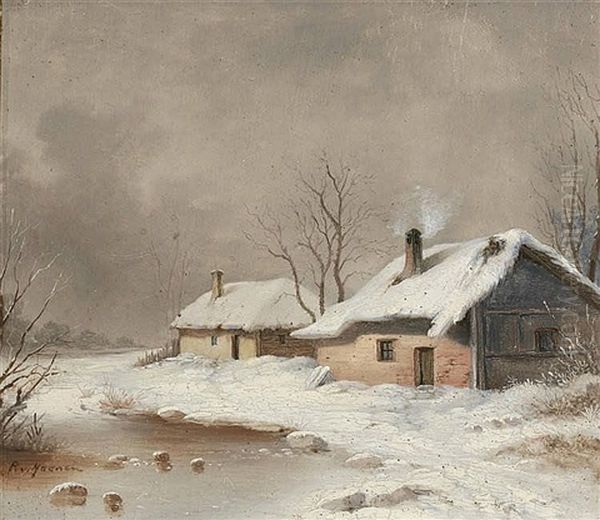 Farmhouses In A Winter Landscape Oil Painting by Remigius Adrianus van Haanen