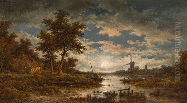 River Landscape At Full Moon Oil Painting by Remigius Adrianus van Haanen