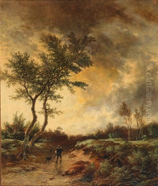 Landscape With Walker And Dog In The Evening Light Oil Painting by Remigius Adrianus van Haanen