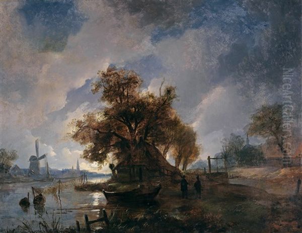 Dutch River Landscape In The Moonlight Oil Painting by Remigius Adrianus van Haanen