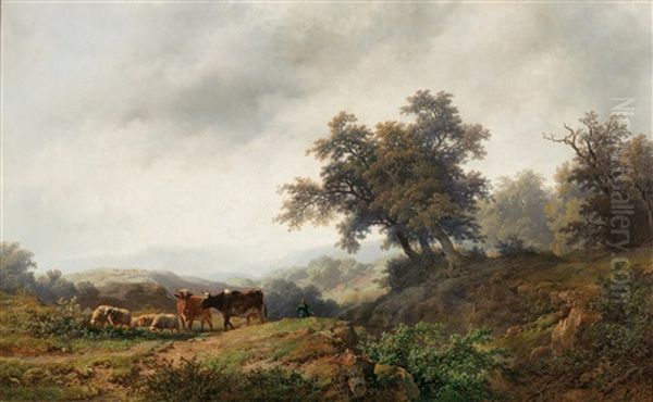 Open Landscape With Cows And Herdsman Oil Painting by Remigius Adrianus van Haanen