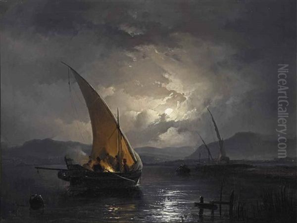 A Night Landscape With A Sailboat Where A Fire Is Being Lit Oil Painting by Remigius Adrianus van Haanen