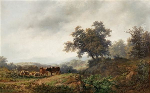 Open Landscape With Cows And Herdsman Oil Painting by Remigius Adrianus van Haanen