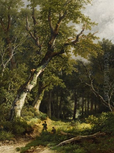 Waldlandschaft Mit Zwei Jagern Oil Painting by Remigius Adrianus van Haanen