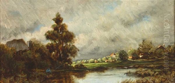 Flusslandschaft Mit Angler Und Malerisch Beleuchteten Gehoften Bei Abziehendem Gewitter Oil Painting by Remigius Adrianus van Haanen