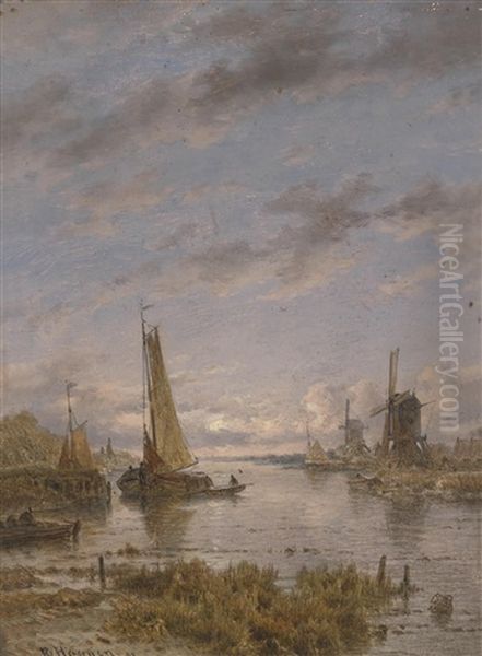 Hollandischer Kanal Mit Segelschiffen Oil Painting by Remigius Adrianus van Haanen