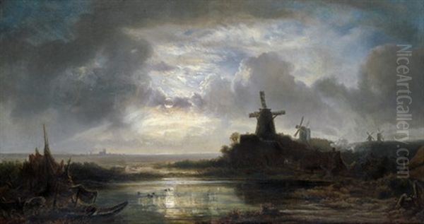 Hollandische Flusslandschaft Im Mondschein Oil Painting by Remigius Adrianus van Haanen