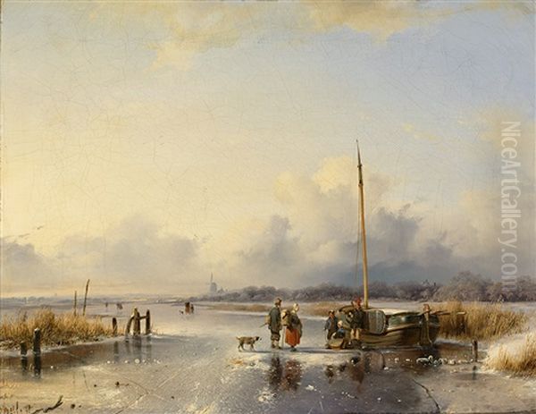 Zugefrorener Flusslauf Mit Reicher Personenstaffage An Einem Sonnigen Tag Oil Painting by Remigius Adrianus van Haanen