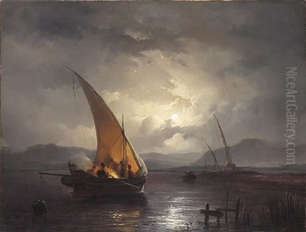 Mondnacht Uber Einer Meereslandschaft Mit Segelbooten Oil Painting by Remigius Adrianus van Haanen