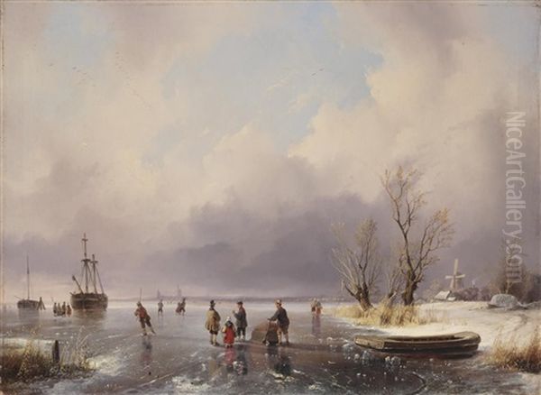 Eislaufer In Einer Hollandischen Flusslandschaft Oil Painting by Remigius Adrianus van Haanen