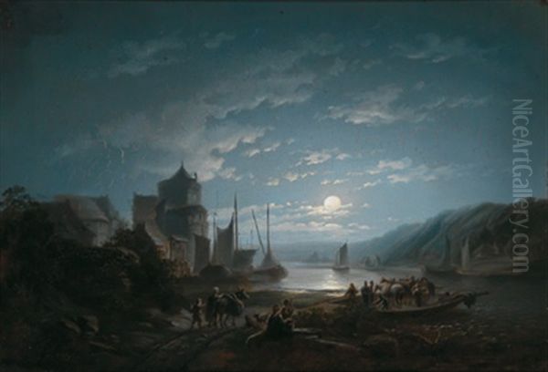 Mondlicht Uber Einer Kustenlandschaft Oil Painting by Remigius Adrianus van Haanen