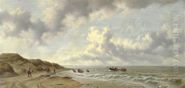 Het Binnenhalen Van De Sloep by Remigius Adrianus van Haanen