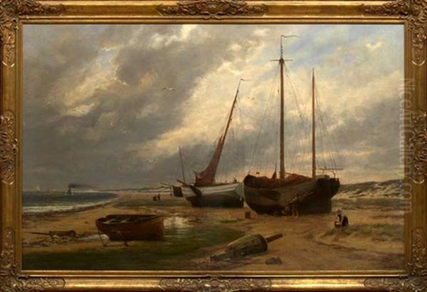 Early Evening View Of Beached Fishing Boats Oil Painting by Remigius Adrianus van Haanen