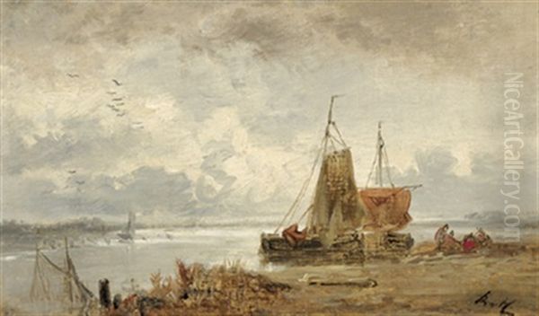 Segelboote Am Strand Mit Figuraler Staffage Oil Painting by Remigius Adrianus van Haanen