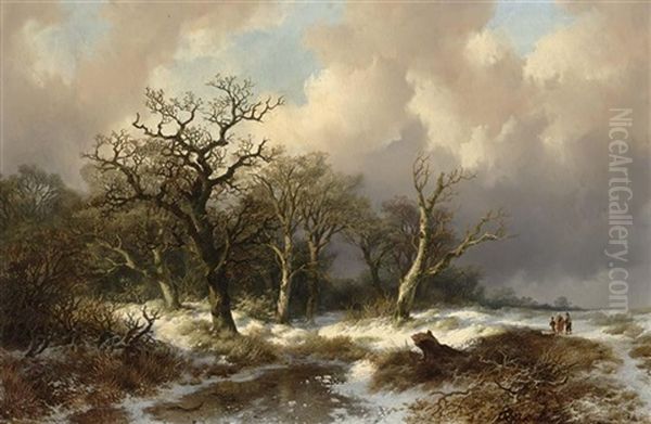 Figures In A Winter Landscape Oil Painting by Remigius Adrianus van Haanen