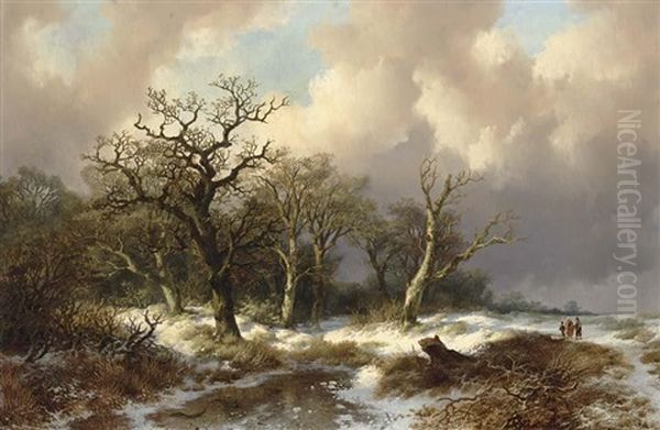 Figures In A Winter Landscape Oil Painting by Remigius Adrianus van Haanen