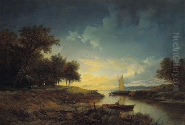 Hollandische Fluslandschaft Im Abendlicht Oil Painting by Remigius Adrianus van Haanen