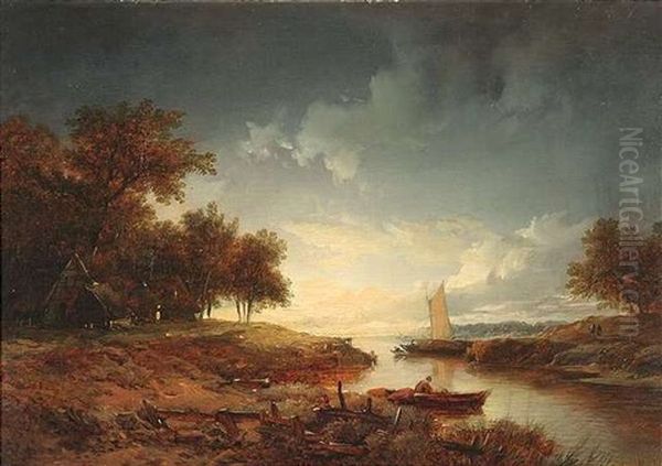 Hollandische Fluslandschaft Im Licht Der Abensonne Oil Painting by Remigius Adrianus van Haanen