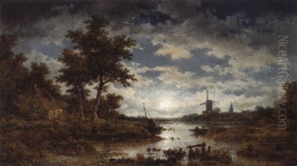 Hollandische Landschaft Im Mondschein Oil Painting by Remigius Adrianus van Haanen