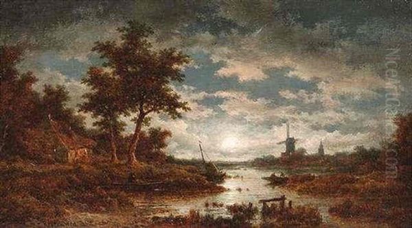 Fluslandschaft Mit Windmuhle Im Abensonnenlicht Oil Painting by Remigius Adrianus van Haanen