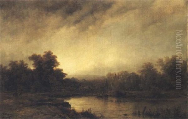 A River Landscape Oil Painting by Remigius Adrianus van Haanen