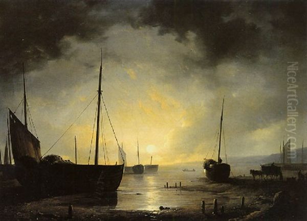 Beached Fishing Boats By Moonlight Oil Painting by Remigius Adrianus van Haanen