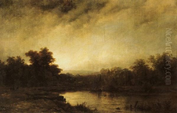 A River Landscape Oil Painting by Remigius Adrianus van Haanen