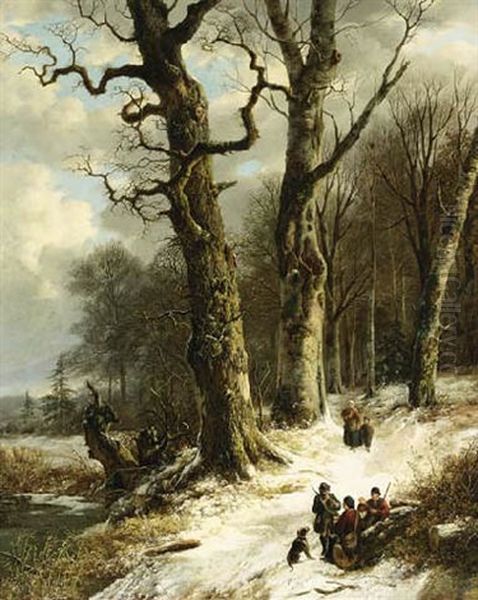 A Winter Landscape With Travellers At Rest by Remigius Adrianus van Haanen