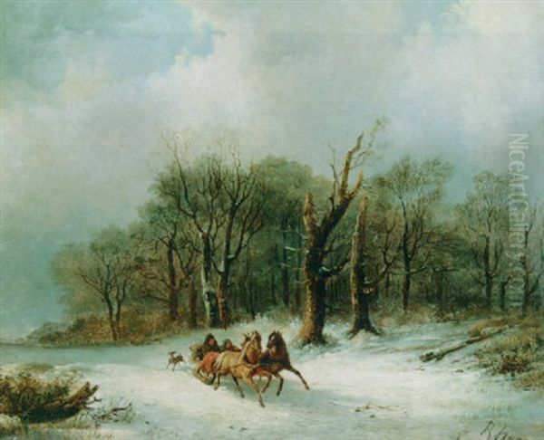 A Winter Landscape With Figures On A Horse-drawn Sledge Oil Painting by Remigius Adrianus van Haanen