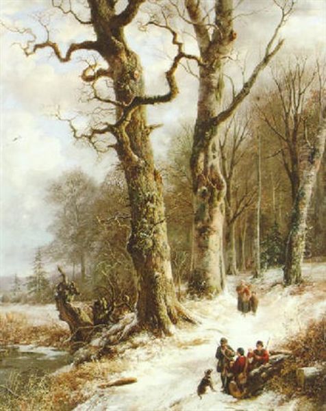 Snow Scene With Figures Oil Painting by Remigius Adrianus van Haanen