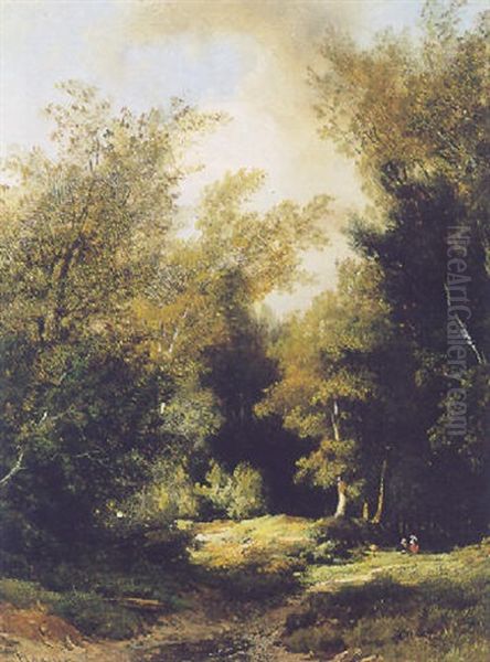 Wooded Landscape With Figures On A Path Oil Painting by Remigius Adrianus van Haanen