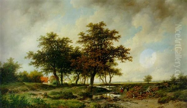 An Extensive Wooded Landscape With Peasants Conversing Near A Brook Oil Painting by Remigius Adrianus van Haanen