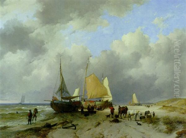 Unloading The Catch Oil Painting by Remigius Adrianus van Haanen