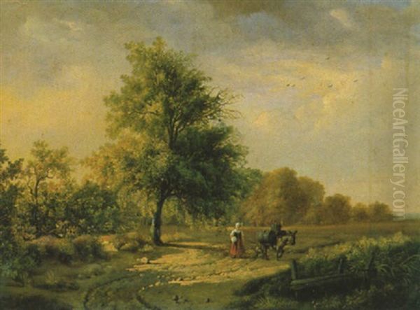 Sommerlandschaft Mit Einer Bauerin Und Ihrem Maultier Vorn Auf Dem Weg Am Waldrand Oil Painting by Remigius Adrianus van Haanen