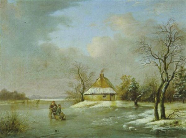 Winterlandschaft Mit Schlittschuhlaufern Und Schlittenfahrer Auf Dem Zugefrorenen See Oil Painting by Remigius Adrianus van Haanen