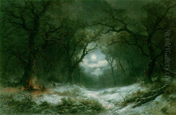 A Moonlit Winter Landscape Oil Painting by Remigius Adrianus van Haanen