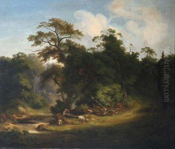 Waldpartie Mit Holzfallern Bei Ihrer Arbeit Oil Painting by Julius Bakof