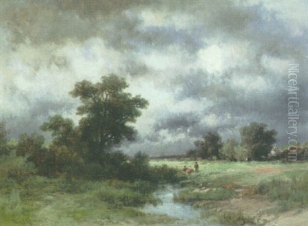 Figures In A Landscape Oil Painting by Remigius Adrianus van Haanen