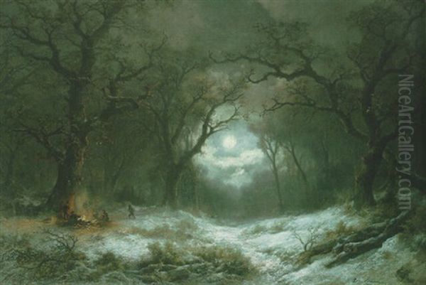 A Moonlit Winter Landscape Oil Painting by Remigius Adrianus van Haanen